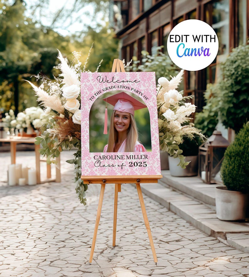 Pink Toile Graduation Welcome Sign Template Class of 2025 Graduation Poster Editable Senior Graduation Yard Sign Template Grad Party Decor image 2