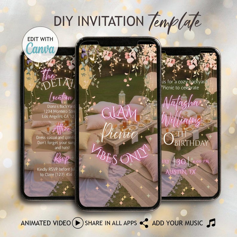 Picnic Vibes Invitation Template, Digital Summer Glam Birthday Evite, DIY Garden Picnic Brunch Party Invite, Outdoors Tea-Party Evite