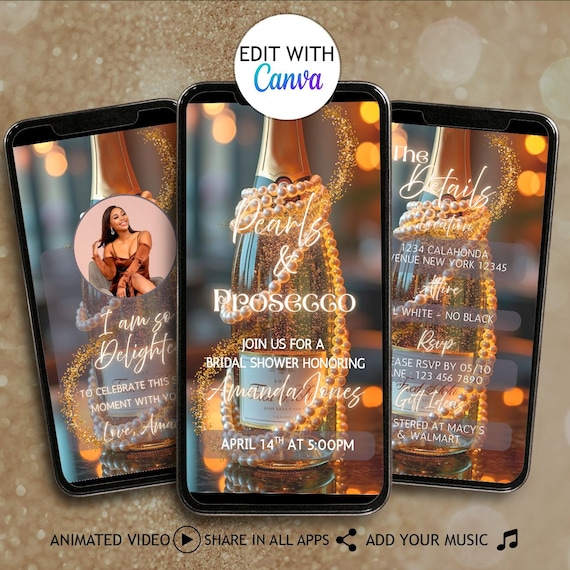Digital Pearls Prosecco Bridal Shower Invitation Animated Template Pearls Bridal Shower Invite Pearls Wedding Shower Evite Champagne Brunch