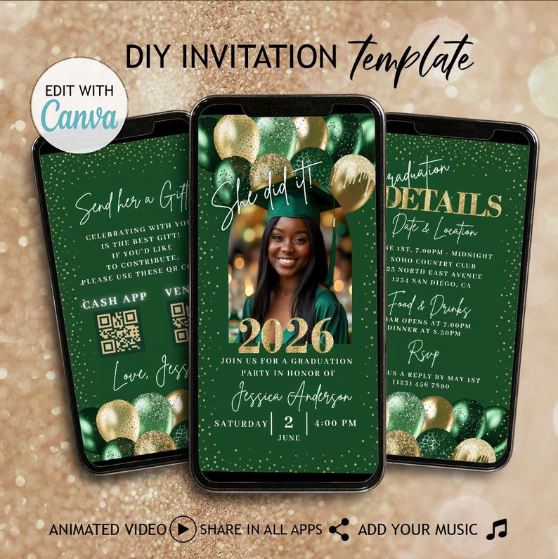 Elegant Green and Gold Graduation Party Invitation Template, Personalized Digital Download