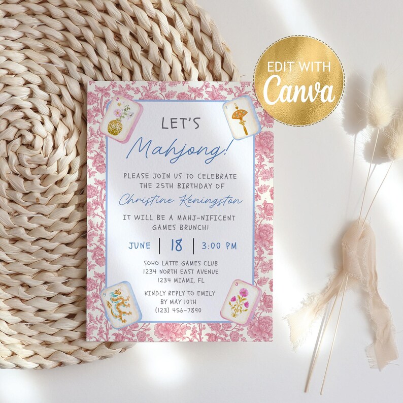 Mahjong Birthday Invitation Card, Pink Floral Theme, Editable Template, Digital Download, Customizable Party Invite