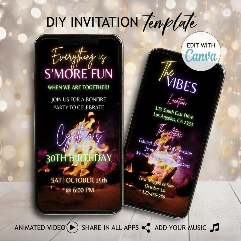 Backyard Bonfire BIrthday Party Invitation Template, Digital Bonfire Party Invitation Template, Smore Fun Video Invite Summer Backyard Birthday Party Evite, Bonfire Party Invitation Dinner Flyer, Thanksgiving