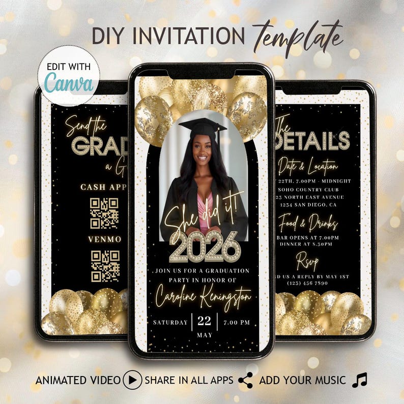 Digital Gold Black Graduation Invitation Template Class 2026 College ...