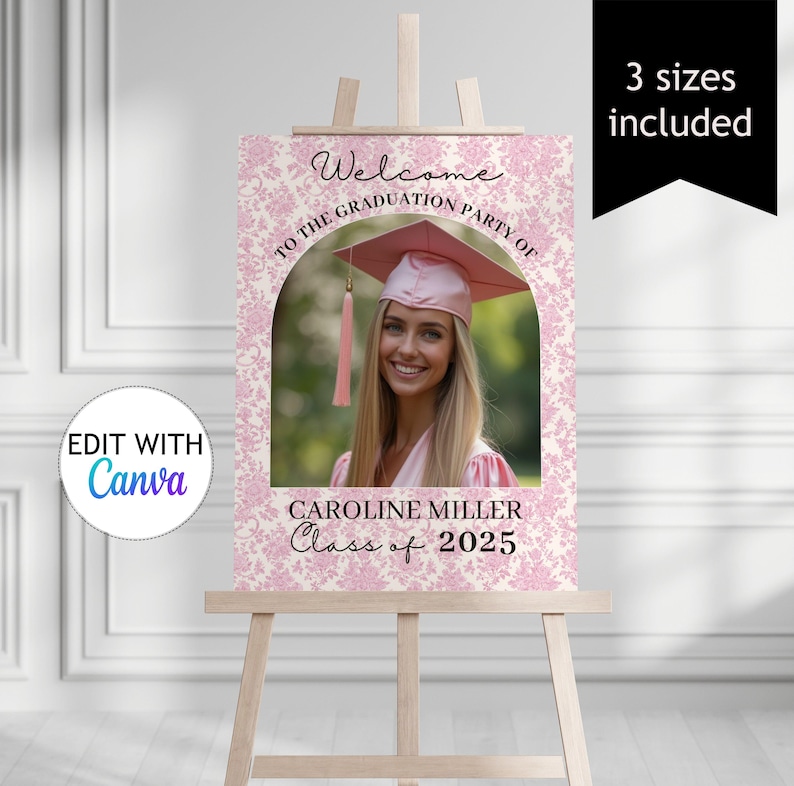 Pink Toile Graduation Welcome Sign Template Class of 2025 Graduation Poster Editable Senior Graduation Yard Sign