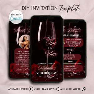 Invito floreale rosso fine come il vino per il 40°, 50° e 60° compleanno, invito fai da te per cena di degustazione di vini, video di eleganza invecchiata, invito digitale immagine 4