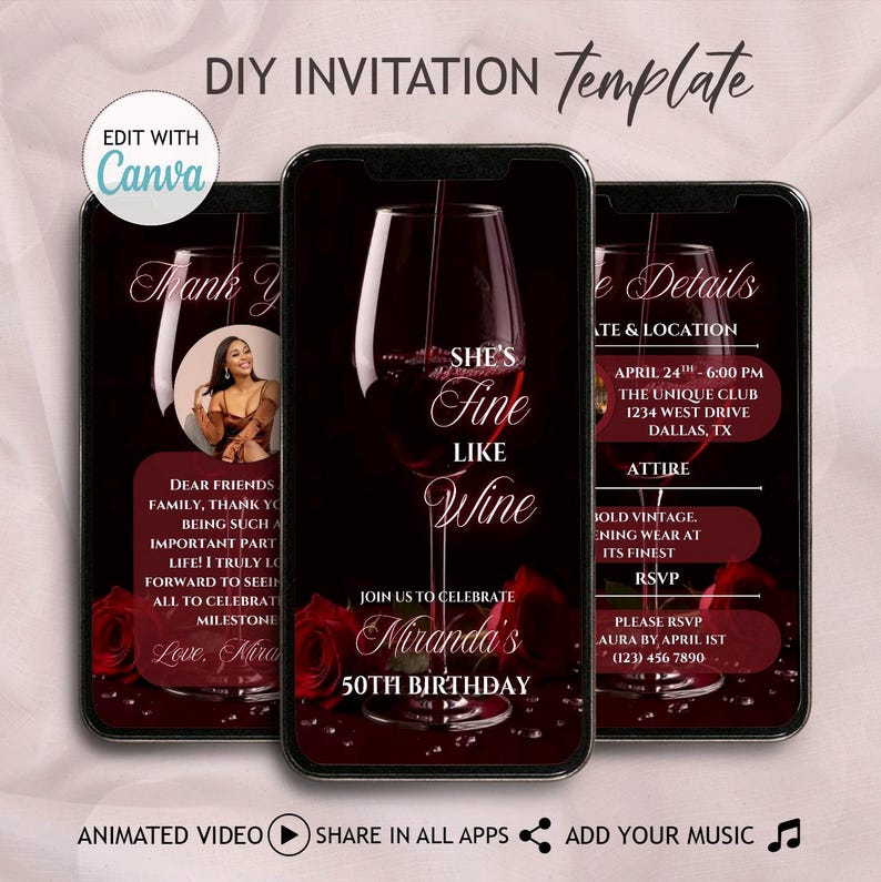 Invito floreale rosso fine come il vino per il 40°, 50° e 60° compleanno, invito fai da te per cena di degustazione di vini, video di eleganza invecchiata, invito digitale immagine 4