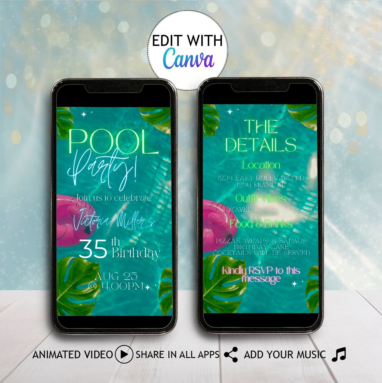 Editable Birthday Pool Party Invitation Electronic Green Pink Leaves ...