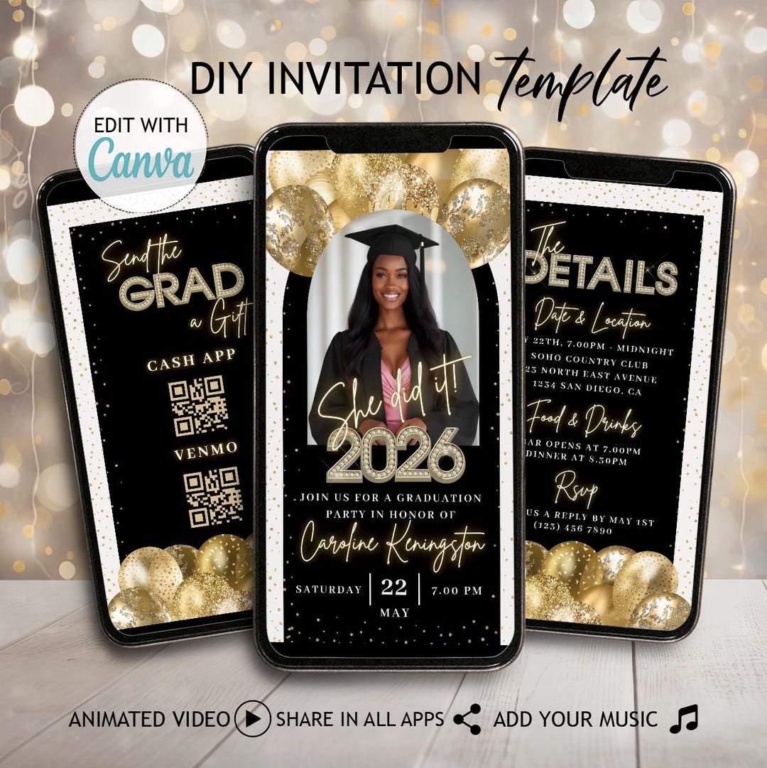 Digital Gold Black Graduation Invitation Template Class 2026 College ...