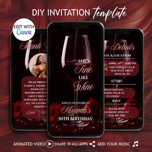 Invito floreale rosso fine come il vino per il 40°, 50° e 60° compleanno, invito fai da te per cena di degustazione di vini, video di eleganza invecchiata, invito digitale immagine 10