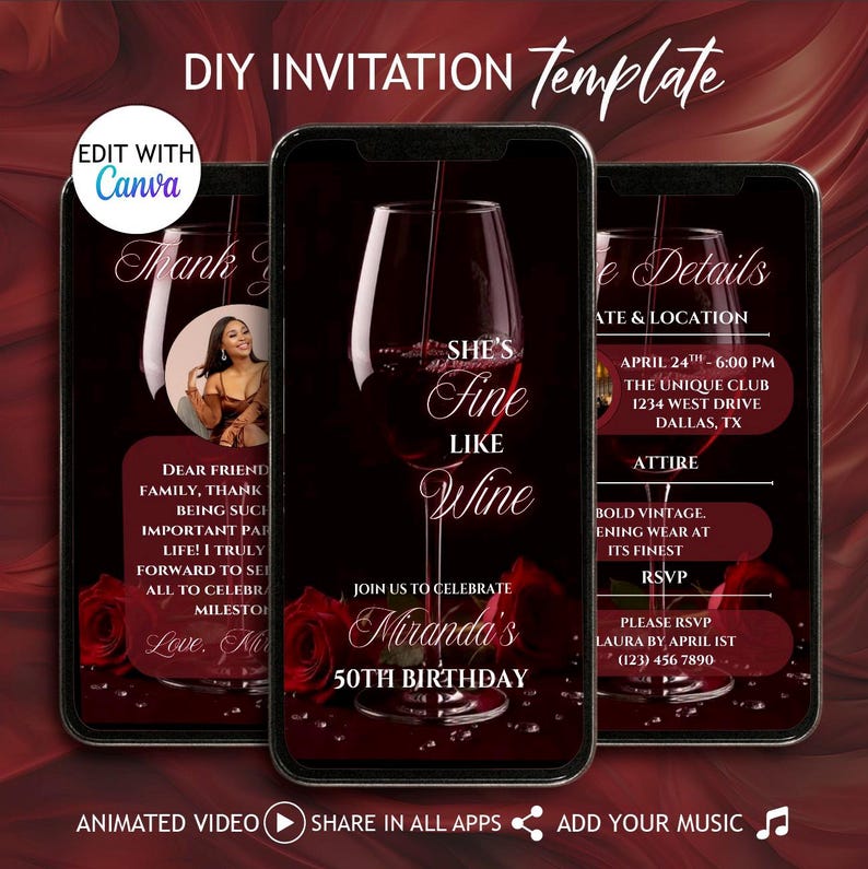 Invito floreale rosso fine come il vino per il 40°, 50° e 60° compleanno, invito fai da te per cena di degustazione di vini, video di eleganza invecchiata, invito digitale immagine 10