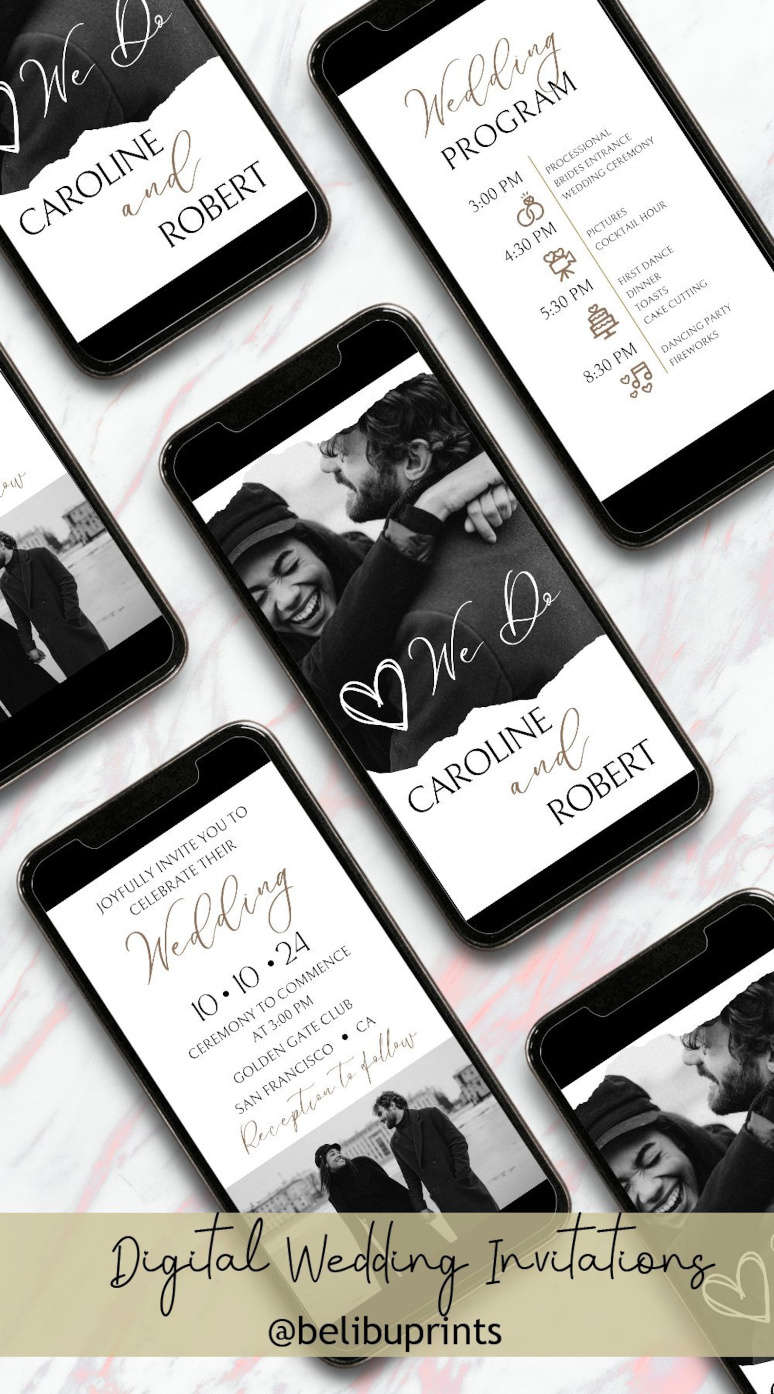 Digital Modern Black and White Wedding Invitation Animated Program ...