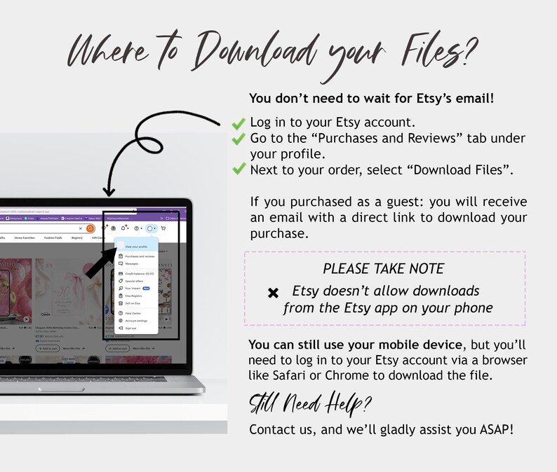 Where to Download Your Files Instruction Guide, Etsy Purchases and Reviews Tab Tutorial, How to Download Files on Etsy