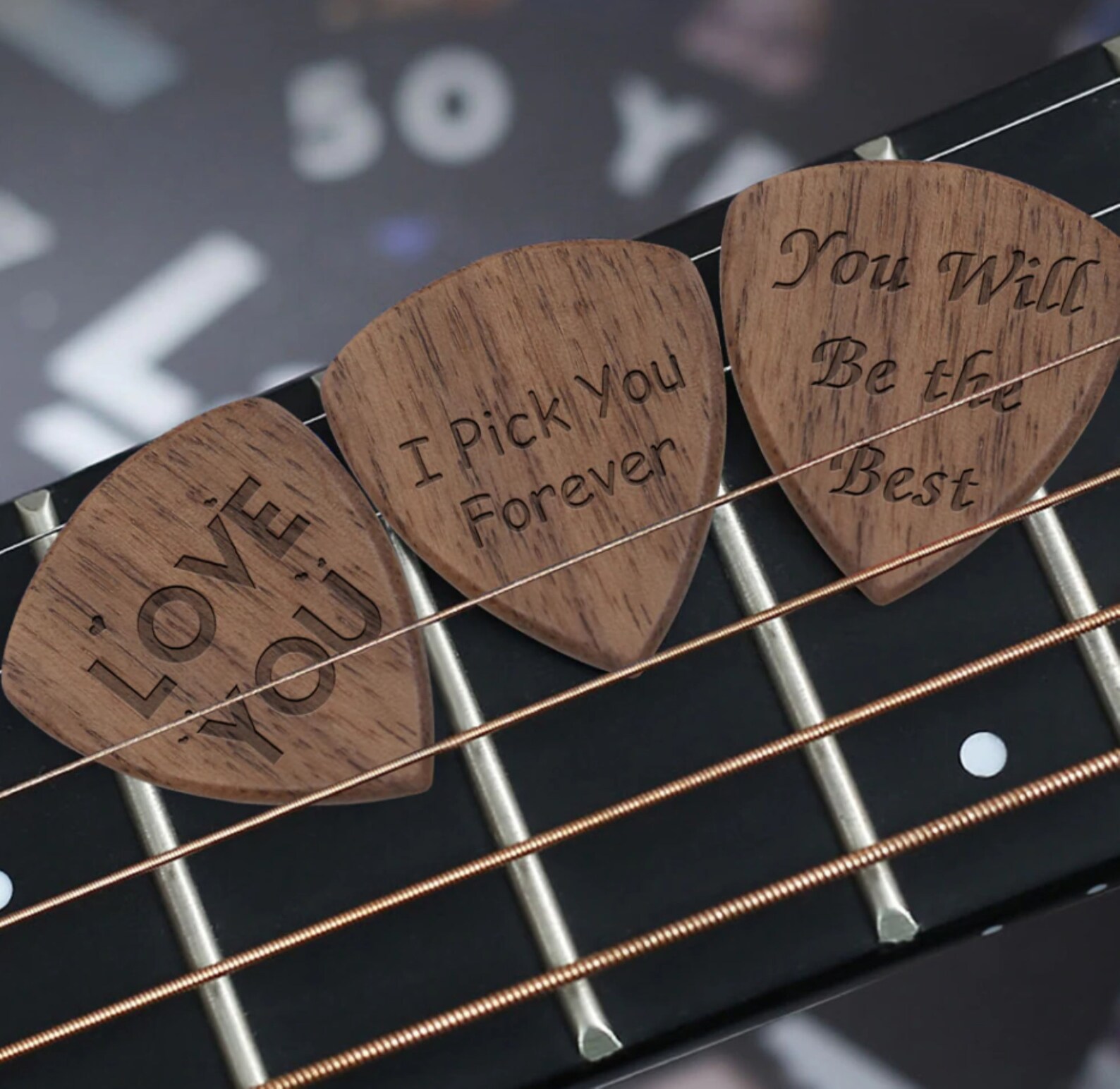 Engraved Guitar Shaped Pick Case Wooden Guitar Box 3pc Set Etsy
