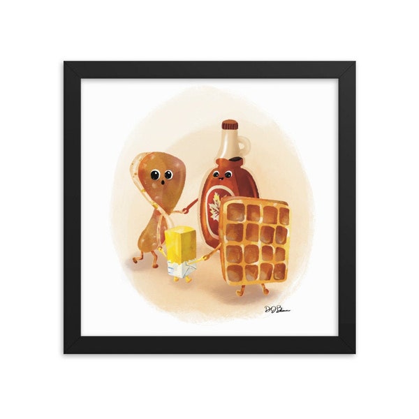 Caught Bread Übergebener gerahmter Druck - Frühstücksküchenwandkunst - Waffeln und Pfannkuchen Illustration