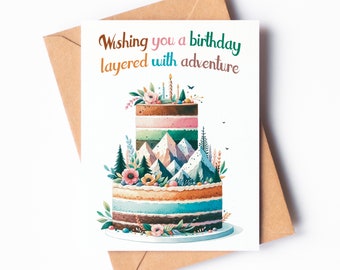 Birthday Cake Mountain Adventure Card | Watercolor Dessert Card | Birthday Celebration