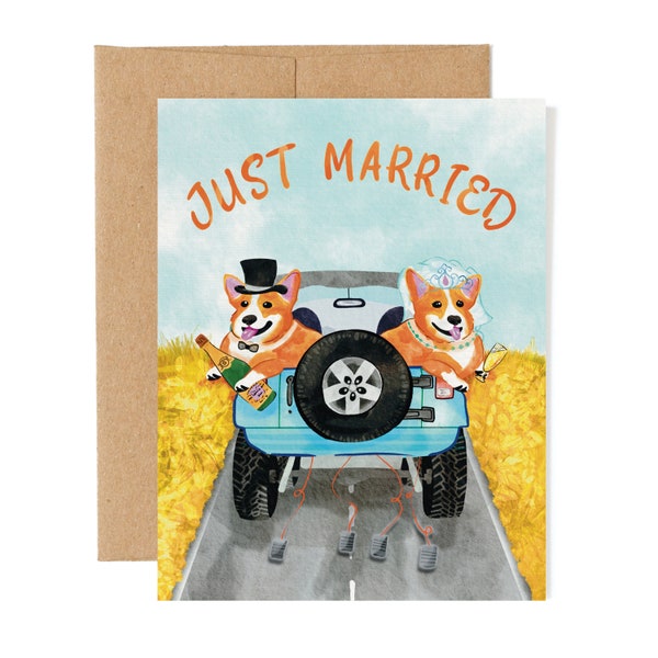 Just Married Wedding Card | Corgi Congratulations Newly Weds Card | Adventure Elopement Gift | Bride Groom and Dogs