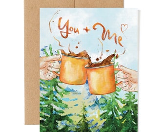 Adventure And Coffee Anniversary Birthday Card | Camping, Hiking Card | I Love You Card | Watercolor Forest Greeting Card
