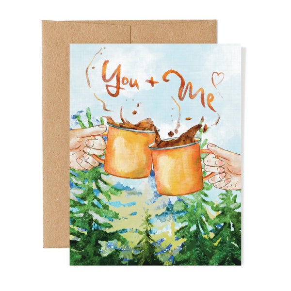 Adventure And Coffee Anniversary Birthday Card | Camping, Hiking Card | I Love You Card | Watercolor Forest Greeting Card
