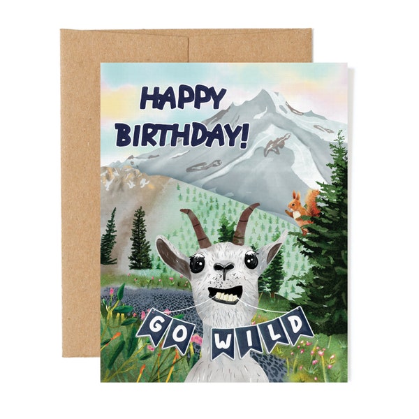 Go Wild Birthday Card | Woodland Hiker Greeting Card | National Park Gift | Mountain Adventure Squirrel And Goat Card