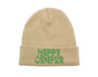 Happy Camper - Gorro de Invierno Bordado, Gorro Beige