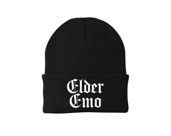 Elder Emo - Black Embroidered Winter Beanie, Emo Beanie