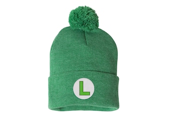 Luigi - Gorro de punto con pompón verde bordado - Super Luigi