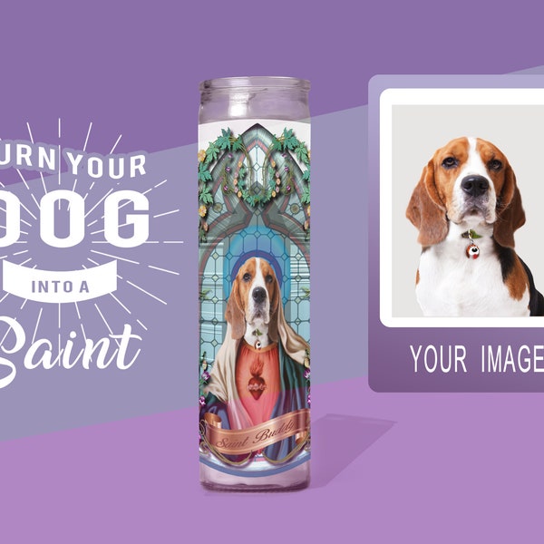 Turn Your Dog Into A Saint - Custom Prayer Candle: Non Scented | 8 inch Glass Prayer Votive - 100% Handmade in USA | Funny Gift Idea