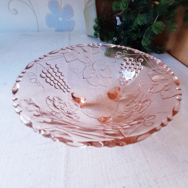 Vintage Glasschale rosa mit Weintrauben-Dekor