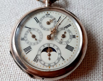Antike Mondphasen-Taschenuhr, um 1900, Silber 800, punziert