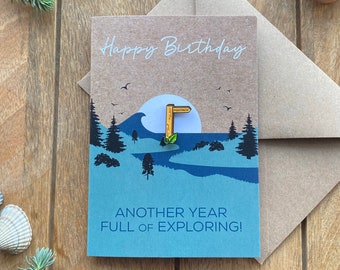 Hiking Birthday Card: Footpath Enamel Pin Badge for Hiker