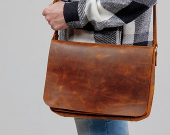Borsa messenger per laptop in pelle da uomo fatta a mano, borsa da ufficio in pelle, borsa in pelle per MacBook, valigetta in pelle personalizzata
