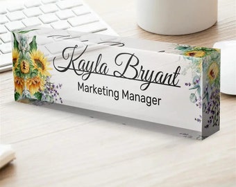 Personalized Name Plate for Desk | Flowers Wild Design On Clear Acrylic Glass | Custom Office Decor Nameplate Sign | Personalized Gift