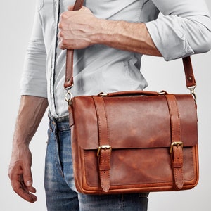 Herren Leder Aktentasche, Leder Aktentasche für Männer, Vatertag Herren Geschenk, Papa Leder Ranzen, Leder Laptoptasche Bild 2