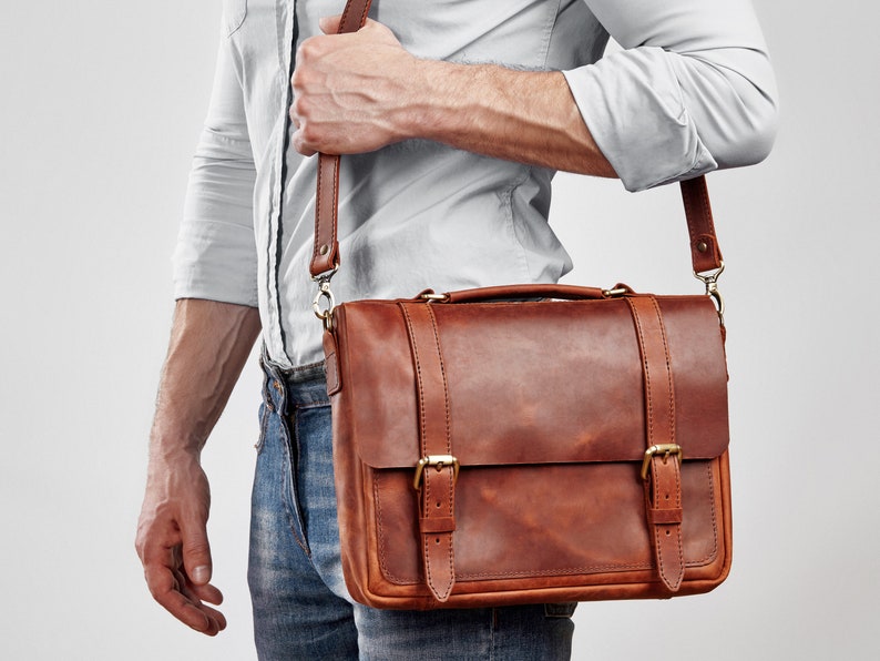 Handmade leather messenger crossbody bag for computer, laptop shoulder bag, leather satchel gift for husband image 2