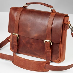 Handmade leather messenger crossbody bag for computer, laptop shoulder bag, leather satchel gift for husband image 1
