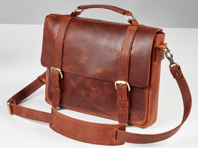 Handmade leather messenger crossbody bag for computer, laptop shoulder bag, leather satchel gift for husband image 1