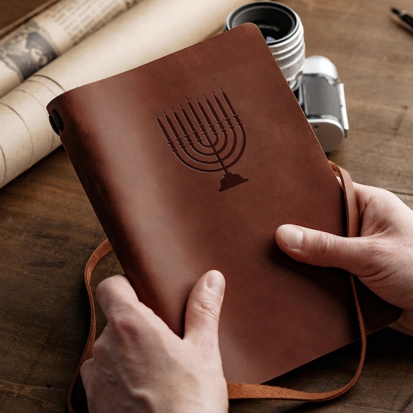 Engraved leather journal jewish gift, Israeli gifts, judaica gifts for bar mitzvah, hanukkah 2023 menorah