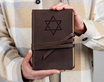 Joodse ster lederen notitieboekje met personalisatie, gegraveerd lederen dagboek, Joodse cadeaus voor mannen, Grote Chanoeka Chanoeka Cadeau