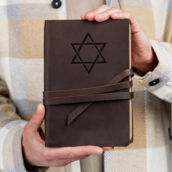 Cuaderno de cuero de estrella judía con personalización, diario de cuero grabado, regalos judíos para hombres, Gran regalo de Hanukkah Chanukah