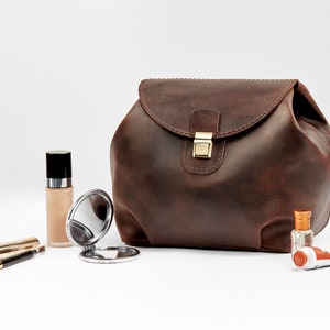 Large cosmetic pouch genuine leather Womens toiletry bag, monogram makeup bag, brown toiletry bag, travel case pouch,