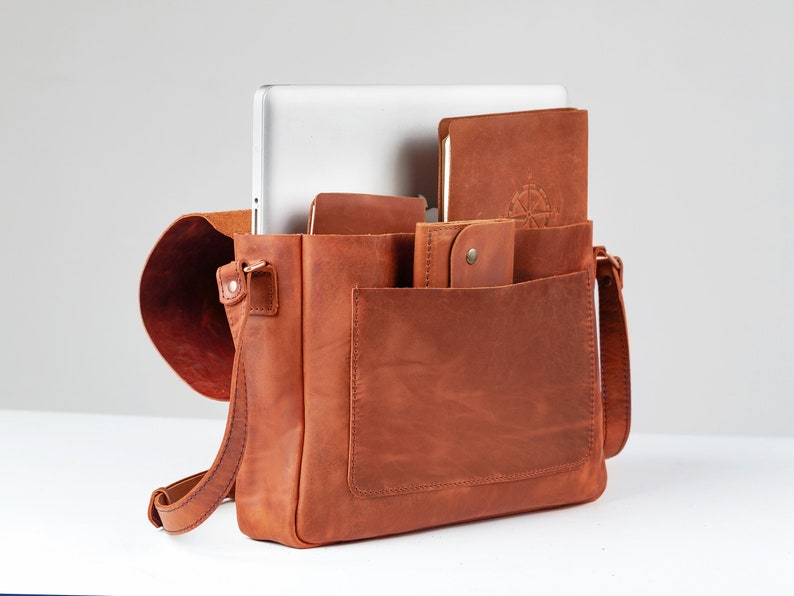 Mens leather briefcase, messenger bag for laptop, laptop shoulder bag, leather anniversary gift for husband zdjęcie 4