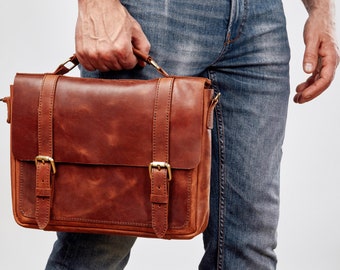 Mens leather briefcase, leather briefcase for men, Fathers day mens gift, dad leather satchel, leather laptop bag