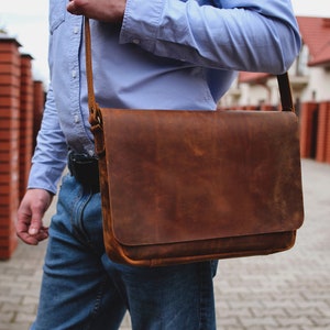 Mens leather briefcase, messenger bag for laptop, laptop shoulder bag, leather anniversary gift for husband zdjęcie 1