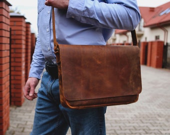 Mens leather briefcase, messenger bag for laptop, laptop shoulder bag, leather anniversary gift for husband