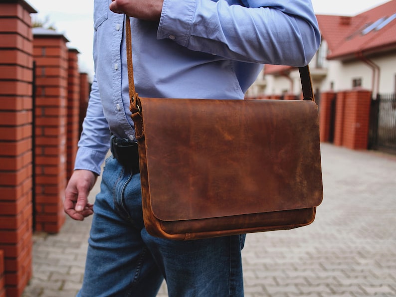 Office laptop bag for man leather briefcase, mens messenger, laptop messenger bag gift for him, graduation gift for son zdjęcie 4