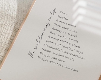 Real Luxuries in Life Print: Minimalist Typography, Positive Quote (Digital Download)