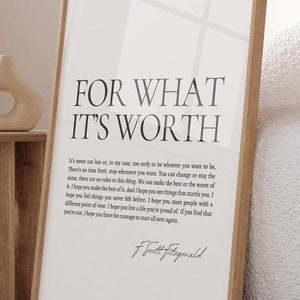 For What Its Worth Fitzgerald, F Scott Fitzgerald Quote Motivational Wall Art, Inspirational Quote, Fitzgerald Print, Instant Download