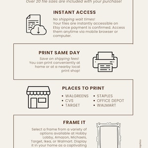 Op de afbeelding: Digitale download-afbeelding met instructies voor het afdrukken van een afdrukbaar bestand thuis of bij een lokale printshop. De afbeelding bevat een lijst met locaties om te printen, zoals Walgreens, CVS, Target, Staples, Office Depot en Walmart. De afbeelding bevat ook een sectie over het inlijsten van de afdruk.