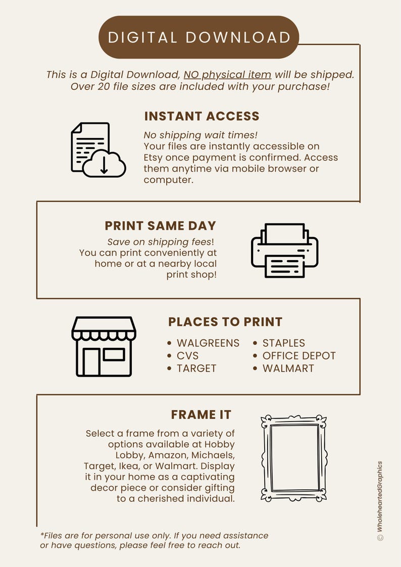 Op de afbeelding: Digitale download-afbeelding met instructies voor het afdrukken van een afdrukbaar bestand thuis of bij een lokale printshop. De afbeelding bevat een lijst met locaties om te printen, zoals Walgreens, CVS, Target, Staples, Office Depot en Walmart. De afbeelding bevat ook een sectie over het inlijsten van de afdruk.