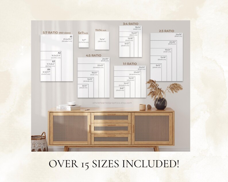 May include: A white wall with a variety of white rectangular frames displaying different sizes and ratios of prints. The text "OVER 15 SIZES INCLUDED!" is at the bottom of the image.